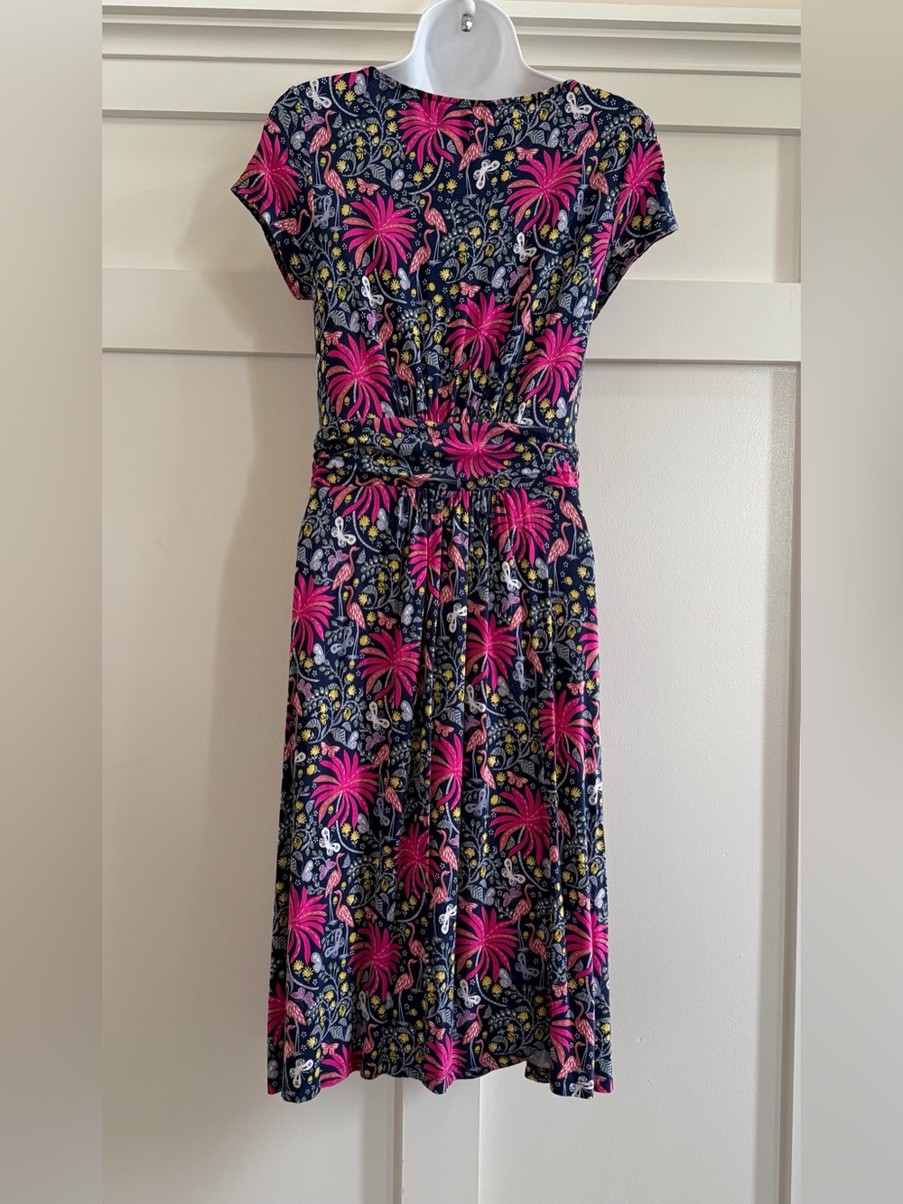 Boden Women's Navy Dress with Pink Floral Flamingo Print - Picture 2 of 3